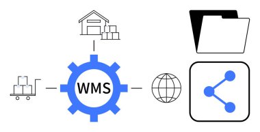 Merkezdeki WMS teçhizatı depolama, dosya dizini, paylaşım simgesi ve küreyi birbirine bağlar. Lojistik, envanter, verimlilik, depo iş akışı, veri organizasyonu tedarik zinciri basit iniş sayfası için ideal