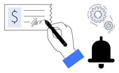 Dolar sembollü el imzası çeki, dişliler ve uyarı zilinin yanı sıra. Finans, otomasyon, alarmlar, verimlilik, iş operasyonları, yenilikçi iş akışları için idealdir. Basit düz