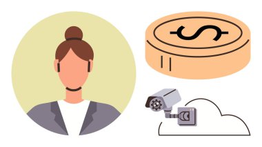 Kadınların yüz tarama profili, dolar para dijital para birimini simgeliyor, bulut bağlantılı güvenlik kamerası. Gizlilik, gözetleme, teknoloji, finans, yapay zeka veri güvenliği yeniliği için ideal. Basit düz