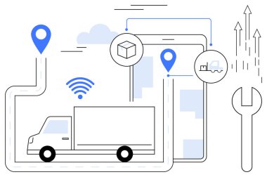 GPS işaretleyicileri, kablosuz sinyalleri, araçları ve dijital arayüzleri olan haritalı bir rota boyunca hareket eden bir kamyon. Lojistik, teknoloji, haritalama, dağıtım, yenilik bağlantı akıllı sistemler için idealdir