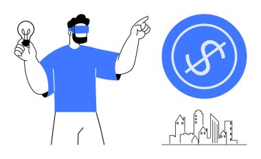 VR kulaklık takan bir adam bir elinde ampul tutarken diğerini işaret ediyor. Bir dolar simgesi ve şehir silueti yeniliği simgeler. Teknoloji, finans, yaratıcılık ve gelecekteki eğilimler için ideal