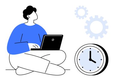Çapraz bacaklı bir şekilde dizüstü bilgisayarda çalışan biri, yanında saat ve vitesler var. Üretkenlik, zaman yönetimi, planlama, çoklu görev, iş akışı, zamanlama için ideal, basit düz metafor