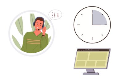 Kulaklıklı bir erkek operatör, konuşma balonu 24 saat, saat ve bilgisayar ekranı gösteriyor. Müşteri hizmetleri, zaman yönetimi, iletişim, çoklu görev, uzak çalışma, erişilebilirlik basit