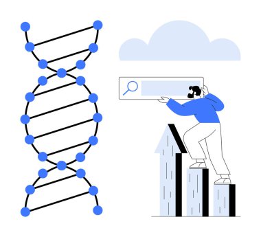 Grafik çubuklarının üzerinde dururken arama kutusunu kullanan profesyonellerin yanında DNA sarmalı yapısı. Bilim, araştırma, teknoloji, keşif, dijital araçlar, yenilik, eğitim için ideal, basit düz metafor
