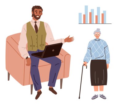 Dizüstü bilgisayarlı danışman analitiği açıklıyor, bastonlu yaşlı kadın dikkatle dinliyor. Sağlık, danışma, yaşlı bakımı, iş tavsiyesi, danışmanlık ve destek hizmetleri için ideal