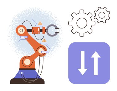 Robotik kol mekanik dişliler ve yukarı-aşağı oklarla otomasyon kavramlarını temsil eden görevler yapıyor. Endüstri, yenilik, robot bilimi, yapay zeka, iş akışı, üretkenlik ve teknoloji için ideal