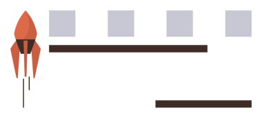 Turuncu roketin ilerleme çubukları ve kilometre taşlarıyla birlikte kalkması, ilerlemeyi, yeniliği ve büyümeyi simgeliyor. Girişimler için ideal, başarı, yenilik, iş liderliği stratejisi ve takım çalışması. A