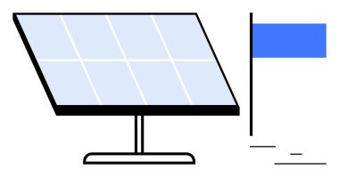 Güneş paneli mavi bir bayrak ile eşleştirildi. Çevre dostu enerji yeniliği vurgulanıyor. Enerji, sürdürülebilirlik, yenilik, çevre, teknoloji, gelecek planlama, basit iniş sayfası için ideal