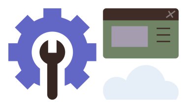 İngiliz anahtarlı vites, giriş detaylı web penceresi ve bulut elementi. Teknoloji, geliştirme, yazılım, yapılandırma, bulut hesaplama, bilişim çözümleri için ideal basit düz metafor