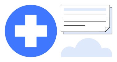 Mavi dairede beyaz haç, belge yığını ve bulut çizimi. Sağlık hizmetleri, tıbbi veriler, bulut depolama, dijital dosyalama, uzaktan erişim, güvenlik kayıtları için ideal basit düz metafor