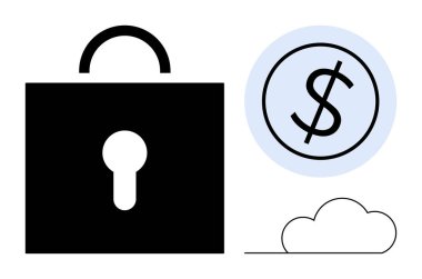 Kilit sembolü, para birimi işareti ve finansal işlemler ve bulut deposunda güvenliği temsil eden bulut simgesi. Finans, teknoloji, güvenlik, tasarruf, veri koruması için ideal, basit bulut hizmetleri