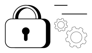 Kilit sembolü iki dişli ve üç yatay çizgili. Güvenlik, gizlilik, süreç optimizasyonu, sistem yönetimi, siber güvenlik, teknoloji kavramları, basit iniş sayfası için ideal