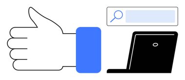 Olumlu geri bildirim, dijital araçlar ve internet taramasını temsil eden başparmaklar yukarı el sembolü, dizüstü bilgisayar ve arama çubuğu. Onay için ideal, sosyal medya, çevrimiçi varlık, iletişim araştırması dijital