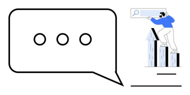 Grafik çubuğunda durmuş arama çubuğuna bakan biri. Elipsli büyük bir konuşma balonu. İletişim, arama, büyüme, araştırma, ilerleme, strateji, basit düz metafor için ideal