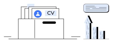 Belgeli CV dizini, profil simgesi, yukarı büyüme grafiği ve ilerleyişi vurgulayan metin kutusu. İdeal İK, istihdam, iş arama, depolama devam etme, analitik işletme büyümesi basit iniş sayfası