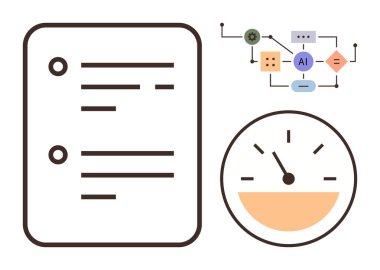 Belge kontrol listesi, yapay zeka akış şeması ve otomasyon, analitik ve sistem verimliliğini temsil eden gösterge. Teknoloji, iş analizi, süreç optimizasyonu, yapay zeka yönetimi veri bilimi için ideal