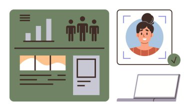 Analitik kullanıcı arayüzü, profil portresi seçimi ve dizüstü bilgisayar. Teknoloji, veri yönetimi, kullanıcı profili, analitik, organizasyon, web tasarımı için ideal basit düz metafor