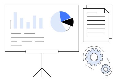 Bar grafiği, pasta grafiği, yazılı dokümanlar, taşıma analizleri, rapor jenerasyonu, takım çalışması, strateji planlaması, verimlilik araştırması ve yenilik kavramları. Basit düz metafor