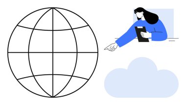 Elinde bir tablet tutan kadın, küresel bağlantıyı temsil ediyor. Mavi bulut da bulut hesaplamasını. Teknoloji, ağ oluşturma, yenilik, eğitim, takım çalışması ve işbirliği için ideal