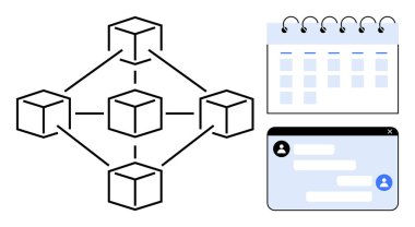 Birbirine bağlı küpler, takvim düzeni ve sohbet arayüzü ile akan engelleme zinciri yapısı. Teknoloji, zamanlama, iletişim, engelleme zinciri kavramları, dijital sistemler, iş akışı için ideal basit