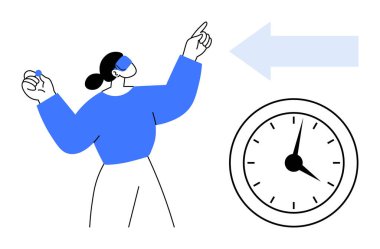 Saatin yanındaki okun yanına doğru kolunu kaldıran kadın hedef belirleme ve zaman odaklama anlamına gelir. Zaman yönetimi, üretkenlik, planlama, karar verme, verimlilik, zamanlama, büyüme için ideal. Basit düz