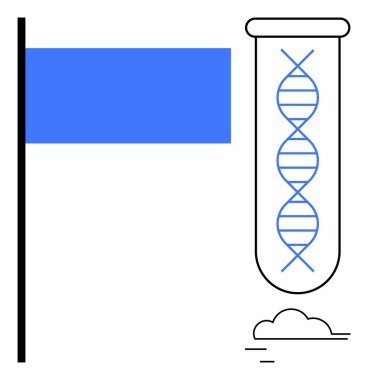 Mavi bayrağın yanında DNA sarmalı, yenilik, keşif, araştırma, biyoteknoloji ve evrimi sembolize ediyor. Bilim, laboratuvar, genetik yenilik eğitimi için ideal sağlık