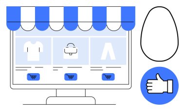 Ürün kategorilerini gösteren bilgisayar ekranı mağaza vitrininin altında giyim ve çantalar, ürünlerin altında alışveriş arabası düğmeleri, onay başparmağı ikonu ve soyut yumurta şekli. İdeal