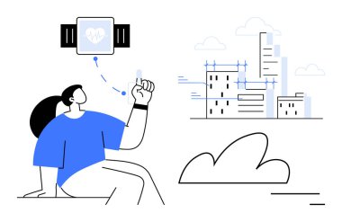 Şehir silueti ve bulutların yakınında otururken akıllı yayan kadın kalp atış hızı verilerini analiz ediyor. Fitness, sağlık takibi, giyilebilir teknoloji, kentsel yaşam tarzı, refah, teknoloji için ideal