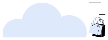 Mavi saplı iki alışveriş çantasının yanında büyük bulut şekli var. Bulut hesaplama, veri depolama, e-ticaret, çevrimiçi alışveriş, dijital pazarlama, İnternet hizmetleri, satış büyümesi konulu temalar için ideal