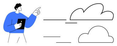 Tablet tutan adam hareket gösteren çizgilerle soyut bulut sembollerine doğru hareket eder. Bulut hesaplama, teknoloji, yenilik, veri depolama, takım çalışması, gelecek planlama, işbirliği için ideal