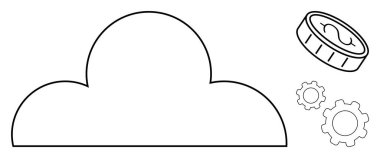 Dişli ikonlu ve dolar paralı bulut grafiği bulut bilgisayarını, finansal büyümeyi, teknolojiyi, yeniliği, veri yönetimini, dijital dönüşümü sembolize eder. Fintech, girişimler ve teknoloji için ideal