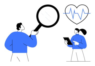 Kalp sağlığı verilerini incelemek için kalp ve ekokardiyogram çizgisi olan bir büyüteç ve tablet kullanan iki kişi işbirliği yapıyor. Tıbbi analiz, takım çalışması, tanı, sağlık denetimi için ideal