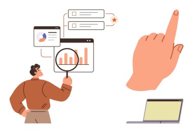 Haritaları büyüteçle inceleyen adam, yüzen veri panelleri, işaret eden el ve dizüstü bilgisayar. Analiz, araştırma, teknoloji, takım çalışması strateji iletişimi için ideal. Basit.