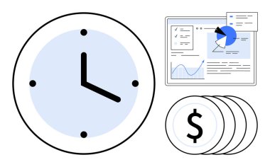Saat ve istiflenmiş dolar paraları dijital arayüzlerdeki grafikler ve analizlerle veri tablolarına eşlik eder. Finans, üretkenlik, zaman yatırımı, iş stratejisi, bütçe analizi, basit