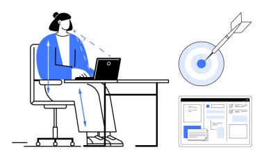 Odaklanma ve üretkenliği vurgulayan bir dizüstü bilgisayarda çalışan kişi, hedef belirleme için hedef tahtası ve tasarım stratejisi için web sitesi tasarım modeli. Üretkenlik, odaklanma ve hedefe ulaşmak için ideal