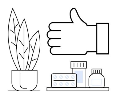 Saksı bitkisi ve ilaç şişelerinin yanında iyi niyet göstergesi. Sağlık, sağlık, çevre dostu yaşam, ilaç, bütünsel bakım, eczane, basit iniş sayfası için ideal