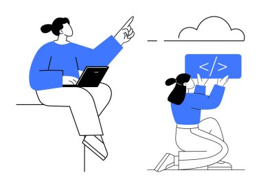 Dizüstü bilgisayarı olan bir kadın bulut simgesini işaret ederken takım arkadaşı elinde parantez tutarak diz çöküyor. Takım çalışması, programlama, bulut teknolojisi, iletişim, yaratıcılık, yenilik, basit iniş sayfası için ideal