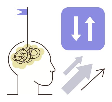 Beyninde karmaşayı temsil eden karmaşık çizgileri olan bir kafa profili odaklanmayı simgeleyen bir bayrak ve ilerlemeyi ve yönü sembolize eden oklar. Psikoloji ve kişisel gelişim için ideal