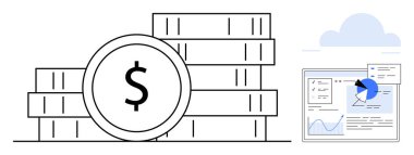 Dolar işareti ve analitik gösterge paneli ile istiflenmiş bozuk paralar ve bulut elementleri. Finans, analitik, yatırım, bulut hesaplama, teknoloji, tasarruf, basit iniş sayfası için ideal