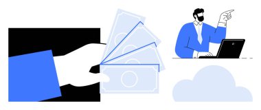 Para teklif etmek, dizüstü bilgisayardaki adam ve bulut elemanı finans, uzaktan çalışma ve dijital servisi simgeliyor. İş, ödeme, yatırım, teknoloji uzaktan kumanda finansmanı için ideal