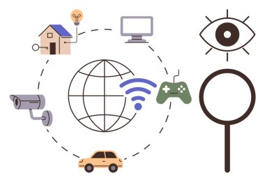 Akıllı evi bağlayan internet küresi, güvenlik kamerası, araba, oyun kumandası, ekran, ampul. Teknoloji için ideal, İOT yenilikçilik bağlantı güvenliği akıllı yaşam ağı. Basit düz