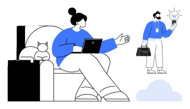 Kedi tarafından dizüstü bilgisayarda oturan bir kadın elinde ampul tutan bir iş adamıyla tartışıyor. Takım çalışması, uzaktan çalışma, yaratıcılık, yenilik, fikir alışverişi, üretkenlik, basit düz metafor