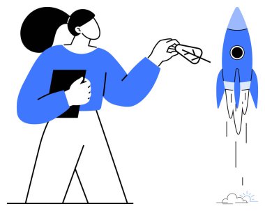 Roketin yanında elinde defter ve kağıt uçak tutan bir kadın. Yenilik için ideal, başlangıç, hedef belirleme, yaratıcılık, liderlik, iş stratejisi, motivasyon. Basit düz metafor