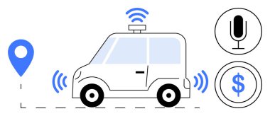 Kablosuz sinyal, mikrofon, konum kodu ve ödeme sembolü yayan otonom bir araç. Akıllı hareketlilik, yapay zeka, ses kontrolü, yer belirleme, dijital ödemeler için ideal.