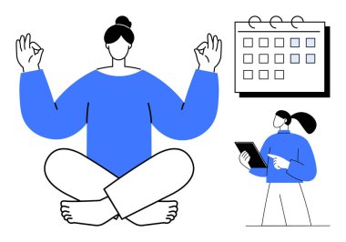 Lotus pozunda meditasyon yapan bir kadın, planlama takvimi ve tablet cihazlı bir profesyonel. Farkındalık, verimlilik, zaman yönetimi, öz bakım, refah, dijital araçlar için idealdir basit iniş