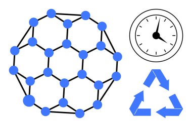 Mavi düğümlü moleküler kafes, analog saat yüzü ve geri dönüşüm okları. Bilim, zaman, sürdürülebilirlik, yenilik, çevresel farkındalık verimliliği dairesel ekonomi için idealdir. Basit düz