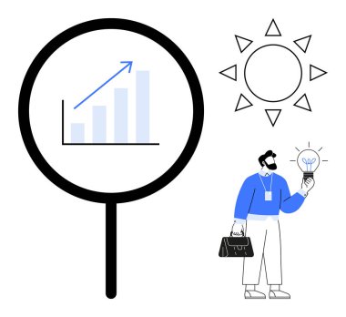 Büyüteç büyütme, büyüme grafiği, parlayan ampul tutan adam, güneş sembolü. Yenilik için ideal, iş analizi, başarı, problem çözme, büyüme girişimcilik stratejisi. Basit.