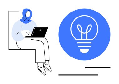 Oturan, tesettürlü bir kadın, büyük mavi bir ampulün yanında dizüstü bilgisayarla çalışıyor. Fikirleri, yaratıcılığı ve yeniliği simgeliyor. Eğitim, yaratıcılık, teknoloji ve uzaktan çalışma çeşitliliği için ideal