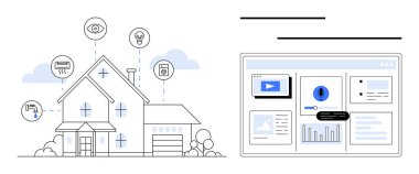 IoT cihazlı akıllı ev ışık, kamera, AC ve verileri gösteren gösterge panelini onaylıyor. Ev otomasyonu, teknoloji, enerji verimliliği, güvenlik, yenilik için ideal.