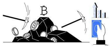 Kazmaların kripto para birimlerine ayrılması, taşların üzerinde Bitcoin sembolü, nakit kartı tutması, yukarı doğru grafikler. Fintech, yatırım, engelleme zinciri, finans, zenginlik büyümesi dijital ekonomi için ideal